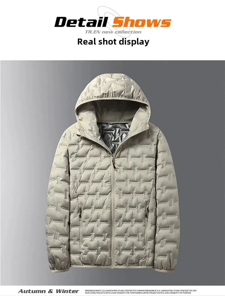 Men's winter white down jacket with hood, quilted, zip-front windproof puffer coat