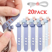 20-pack silicone cable ties cord organizers in pastel purple, blue, pink, and white for reusable wire management