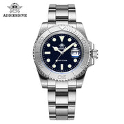 ADDIESDIVE men's quartz dive watch with blue dial, stainless steel bracelet, 200m water resistance, date magnifier.
