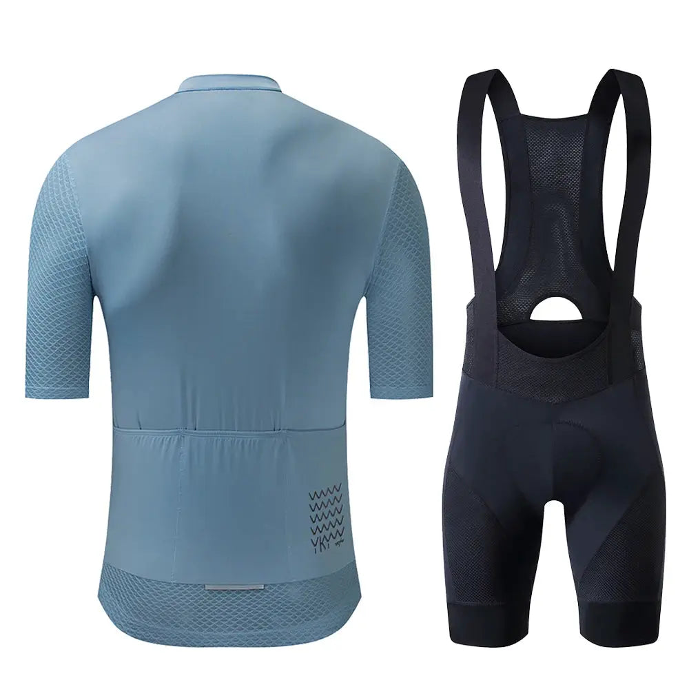 YKYWBIKE two-piece cycling jersey set: light-blue short-sleeve jersey with black bib shorts