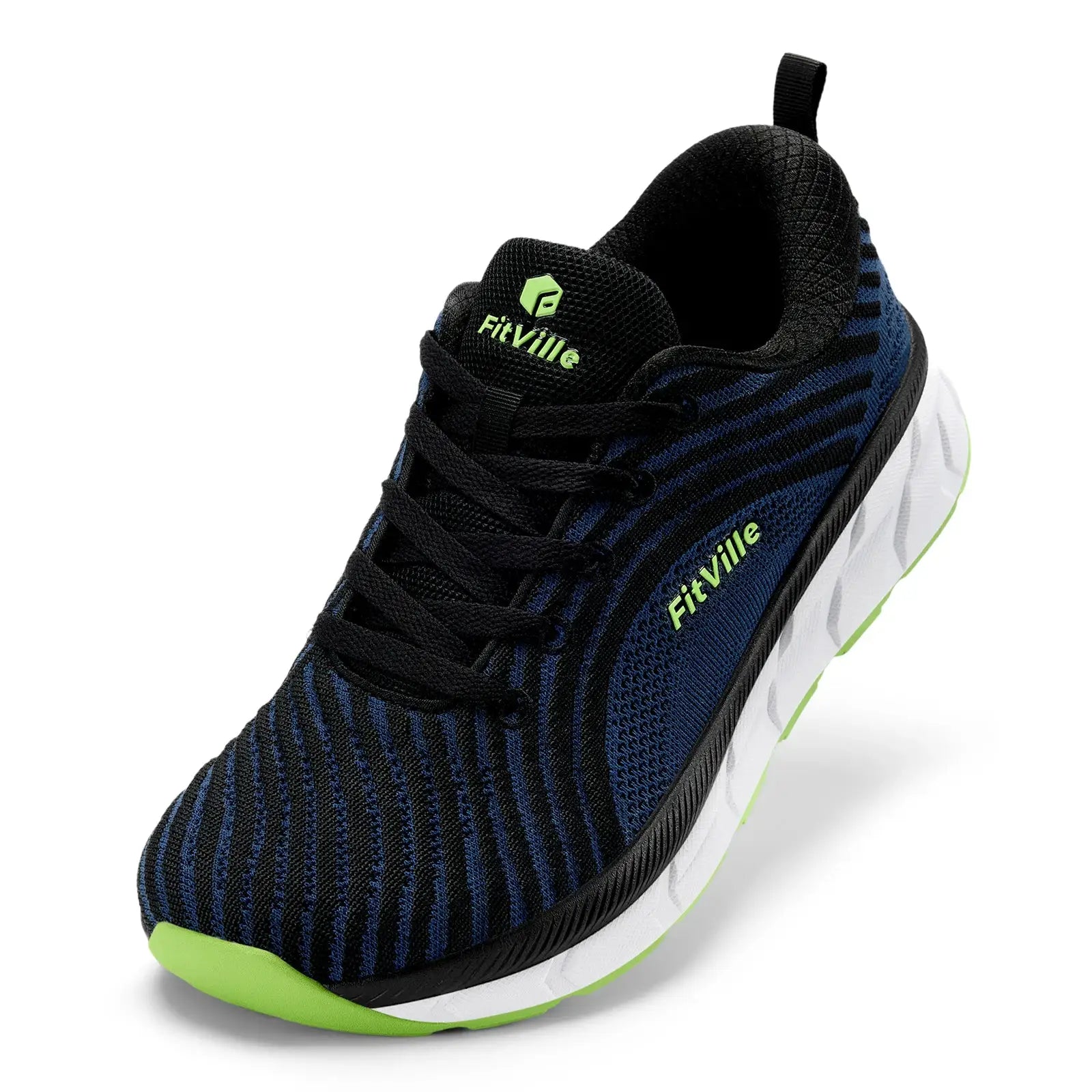 FitVille men's running shoe with navy knit upper, neon green accents, wide toe box and non-slip outsole