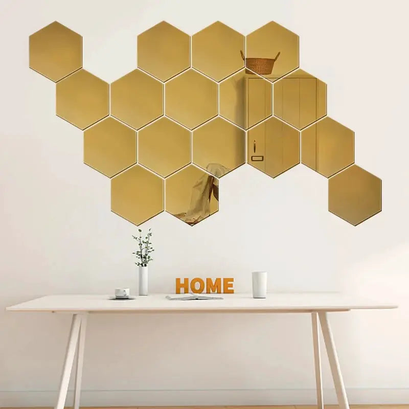 12-piece gold hexagonal acrylic mirror wall stickers for modern home decor