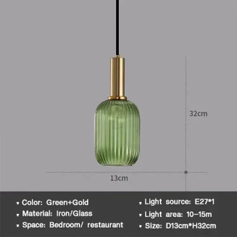Nordic Glass Pendant Light green with gold cap; iron/glass, single hanging dining/bedroom lamp by Simples Market