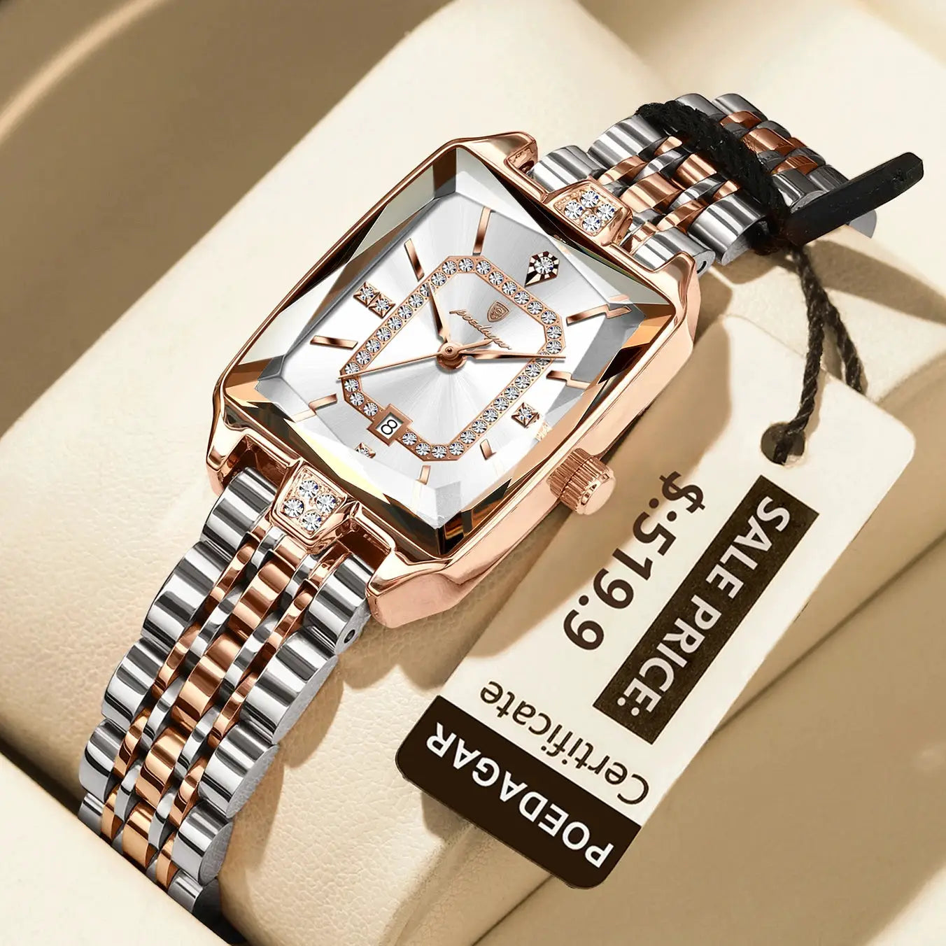 POEDAGAR luxury women's rectangle watch; rose gold and silver stainless steel bracelet with crystal bezel and date