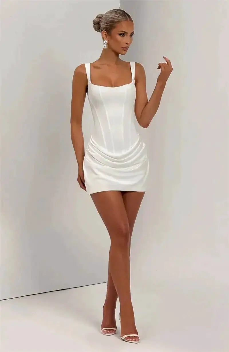 Mozision Backless Ruched Mini Dress With Tapered Straps Square Collar