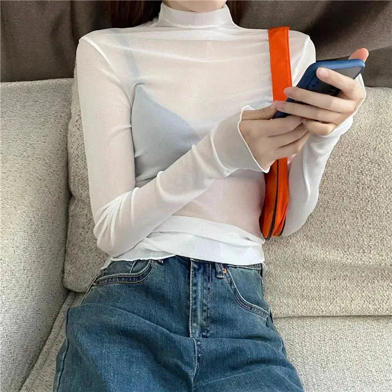 AllureMesh See Through Mesh Turtleneck Top Slim Fit Sheer Lace Crop For Bold Clubwear