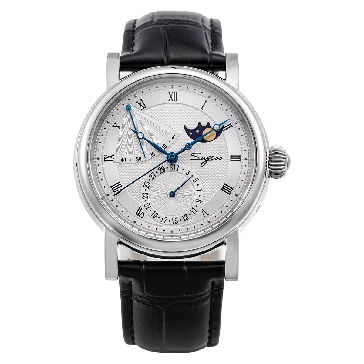 Sugess moonphase men's automatic watch with sapphire glass, silver case, blue hands, Roman numerals, leather strap.