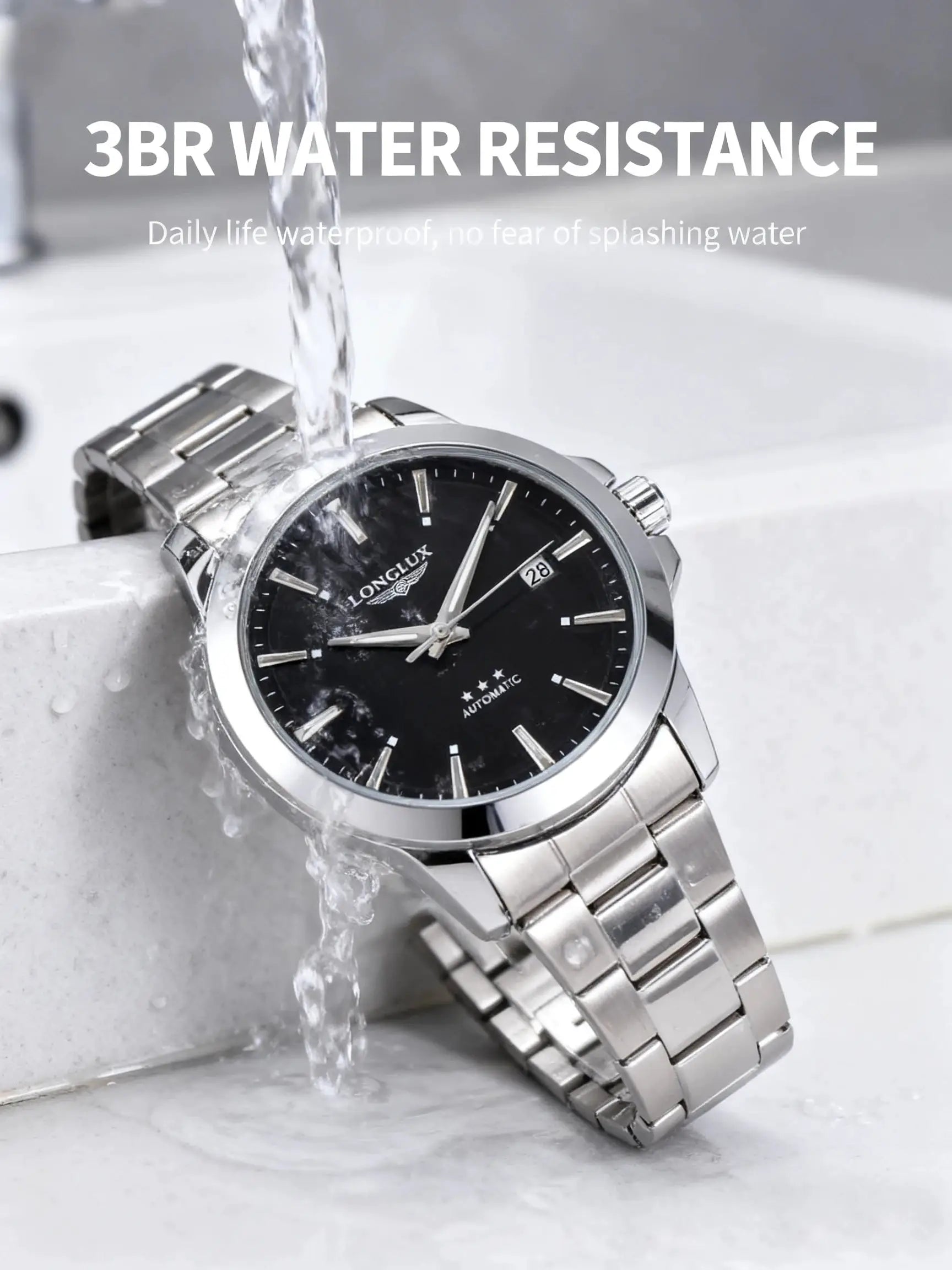 Men's automatic stainless steel wristwatch with black dial
