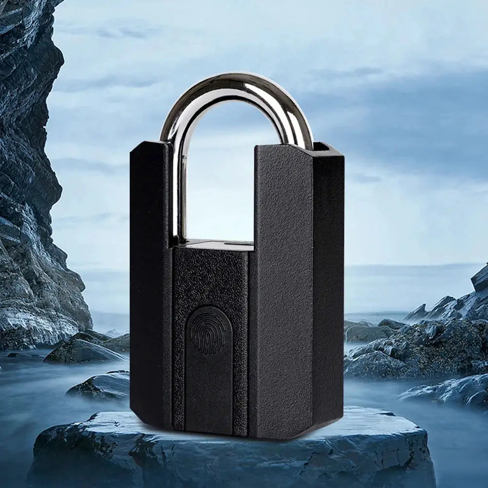 BBDHOME smart padlock with fingerprint access, black body and silver U-shaped shackle.