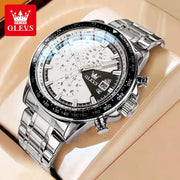 OLEVS TY705 men's stainless steel chronograph watch with black tachymeter bezel and luminous silver dial