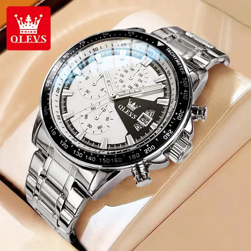 OLEVS TY705 men's stainless steel chronograph watch with black tachymeter bezel and luminous silver dial