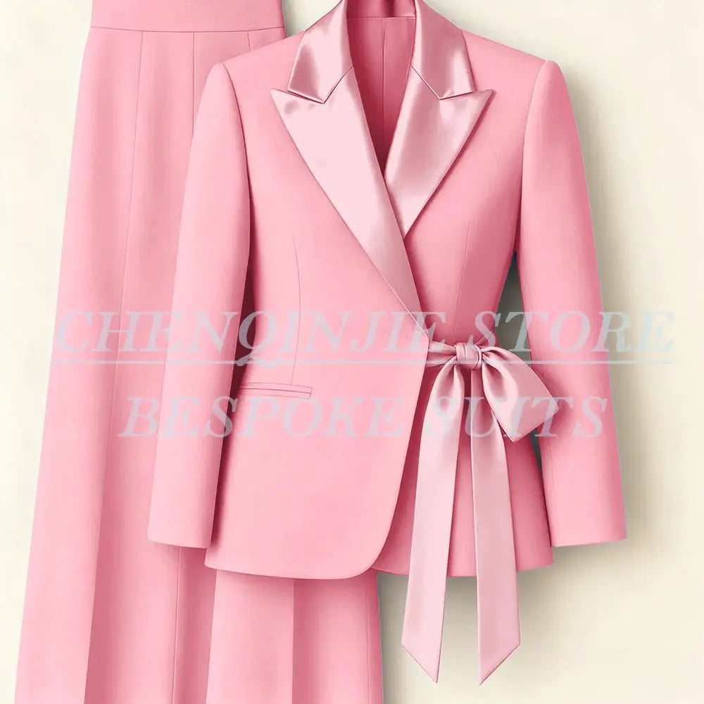 Pink women's two-piece blazer suit with peak satin lapels and waist tie