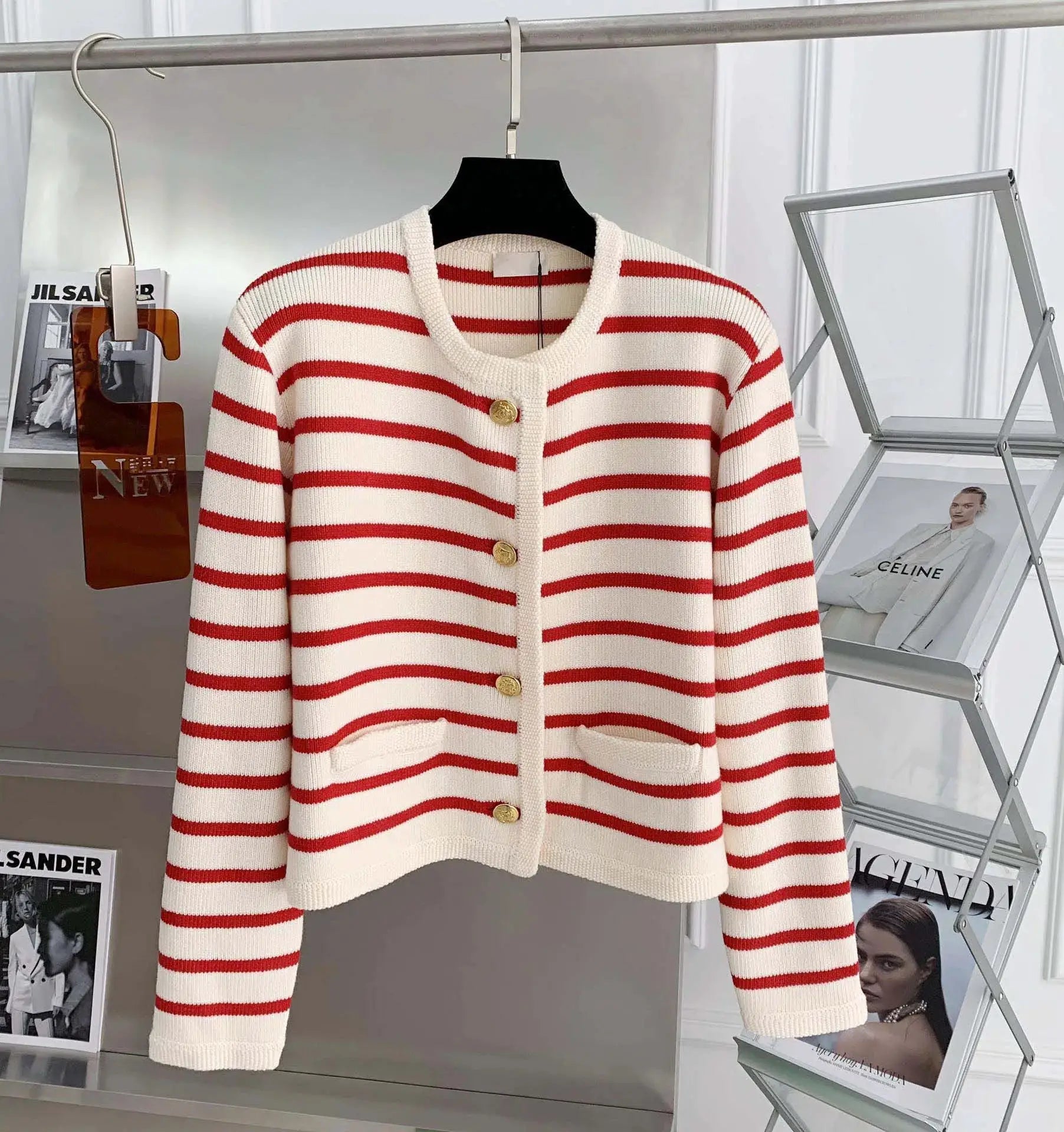 Brand Women Striped Knitted Cardigan O Neck Single Breasted Cropped Long Sleeve Chic Casual Sweater