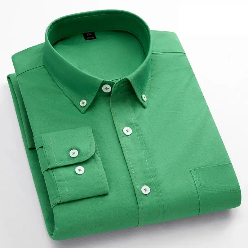 Simples Market men's green 100% cotton long-sleeve Oxford shirt with single pocket