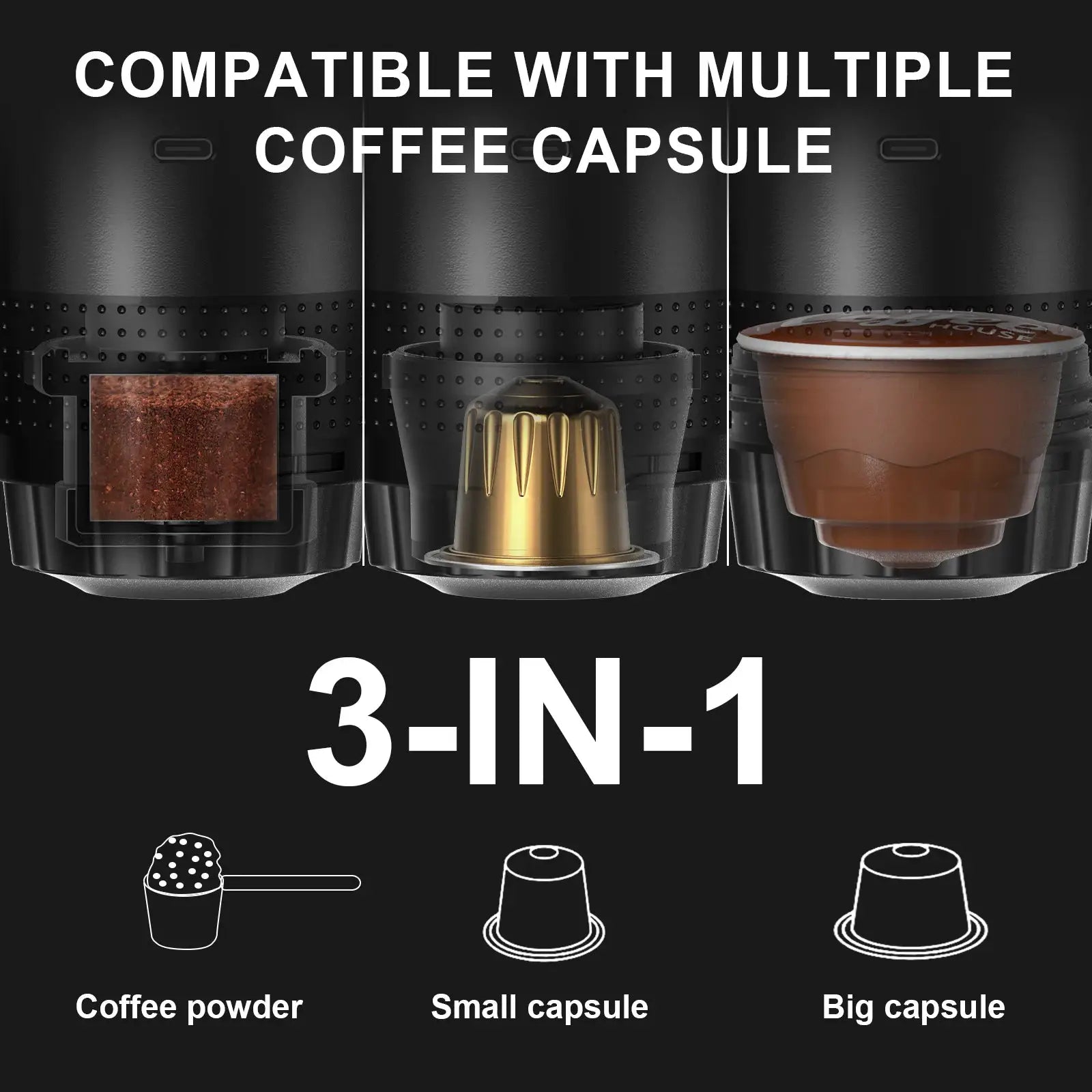DENOKIN Wireless Electric Portable Espresso Coffee Machine for Car Home Camping 3 In 1 Capsule Powder Maker