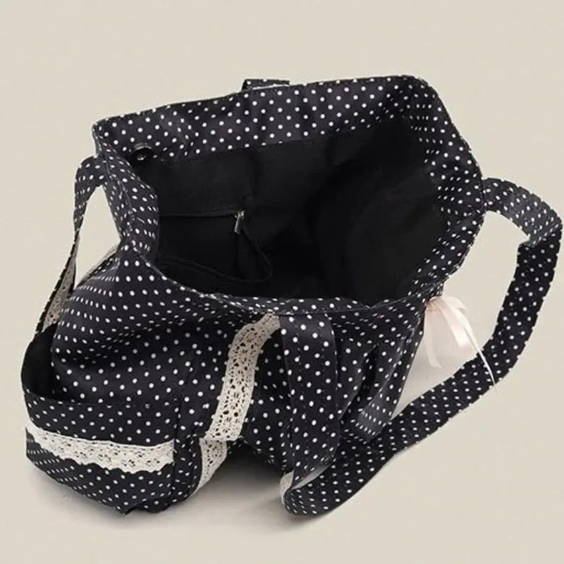 Korean vintage canvas shoulder bag with navy polka dots, white lace trim, large capacity tote with multiple pockets.