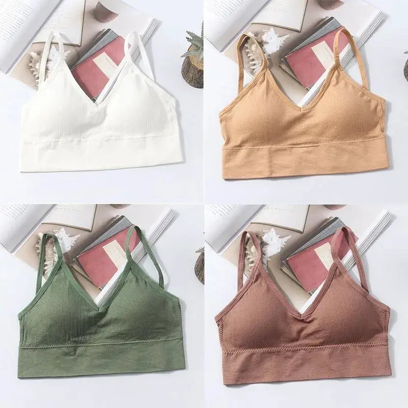 4-pack women's seamless bras by Simples Market in white, beige, green, and brown