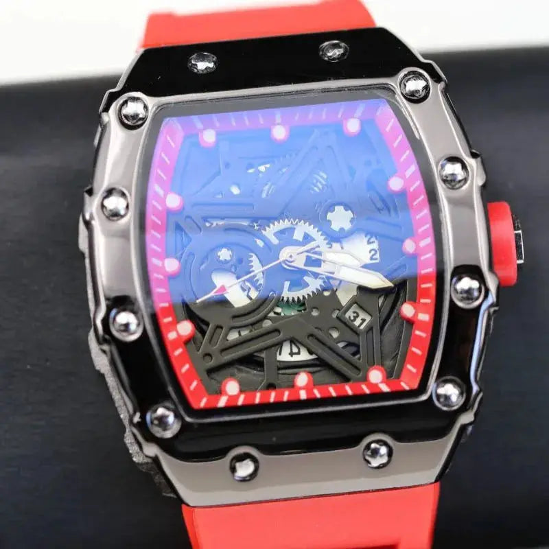 Mens Luxury Quartz Watch With Pentagram Luminous Dial And Wine Barrel Shaped Case Durable Silicone Strap