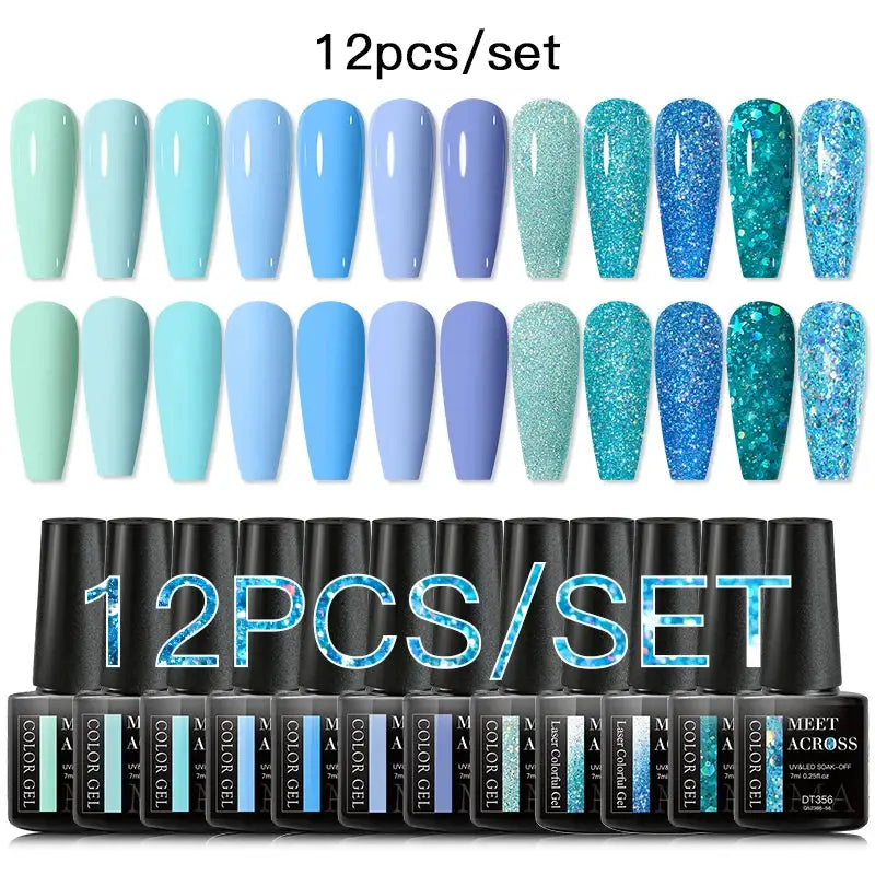 Meet Across 12-piece gel nail polish set featuring pastel mint to blue shades with glitter finishes