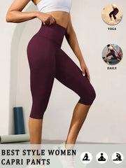 Women high-waisted burgundy Capri leggings by Simples Market; soft, tummy-control, no-see-through workout pants.