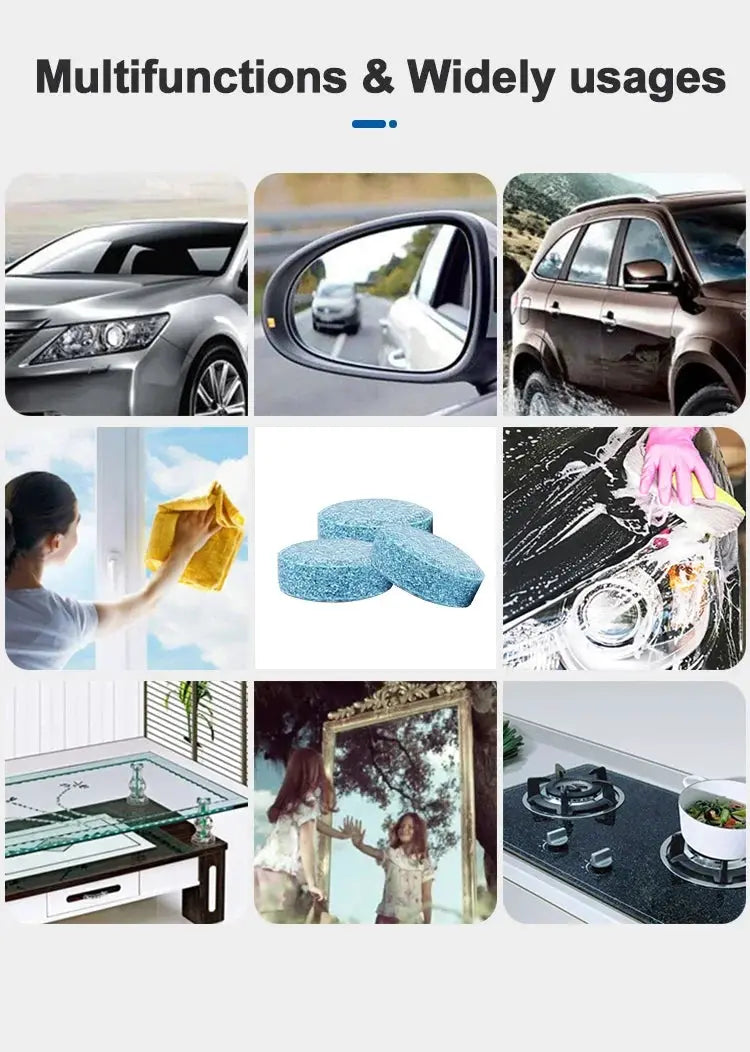 Car windshield washer tablets; two blue concentrated effervescent wiper tablets for car and window glass cleaning