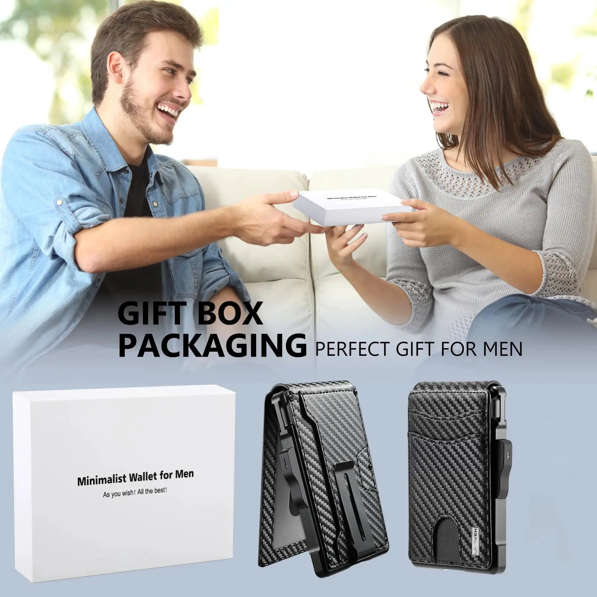 Two carbon-fiber textured minimalist men's wallets with money clips, displayed beside a gift box