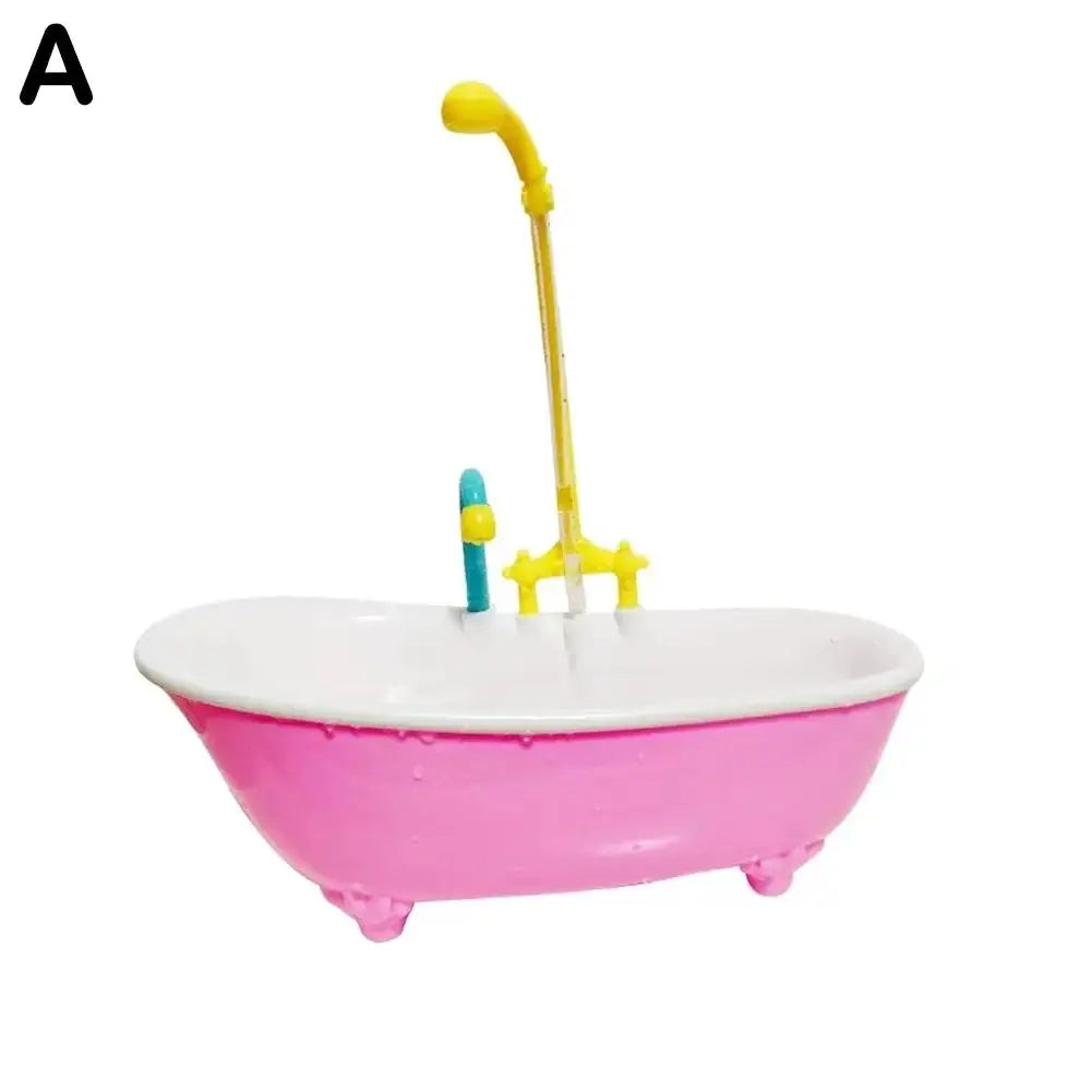 Parrot bird bath with pink plastic tub, white rim and yellow shower arm, blue component