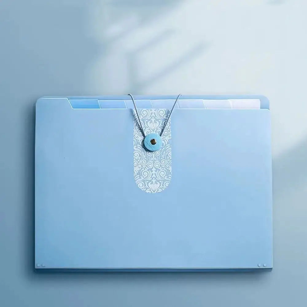 Blue A4 Organ file folder with 8-grid expanding pockets and strap closure