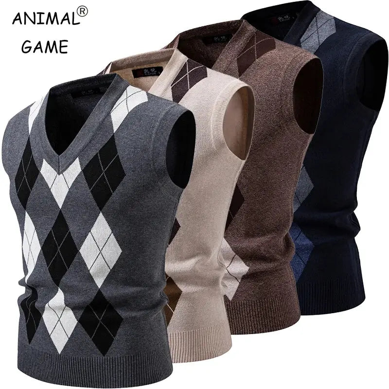Simples Market men's argyle knitwear vests set with V-neck, sleeveless in gray, beige, brown, navy (4-pack).
