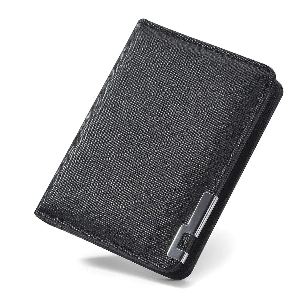 Black faux-leather slim wallet with metal clasp and multiple card slots by Simples Market