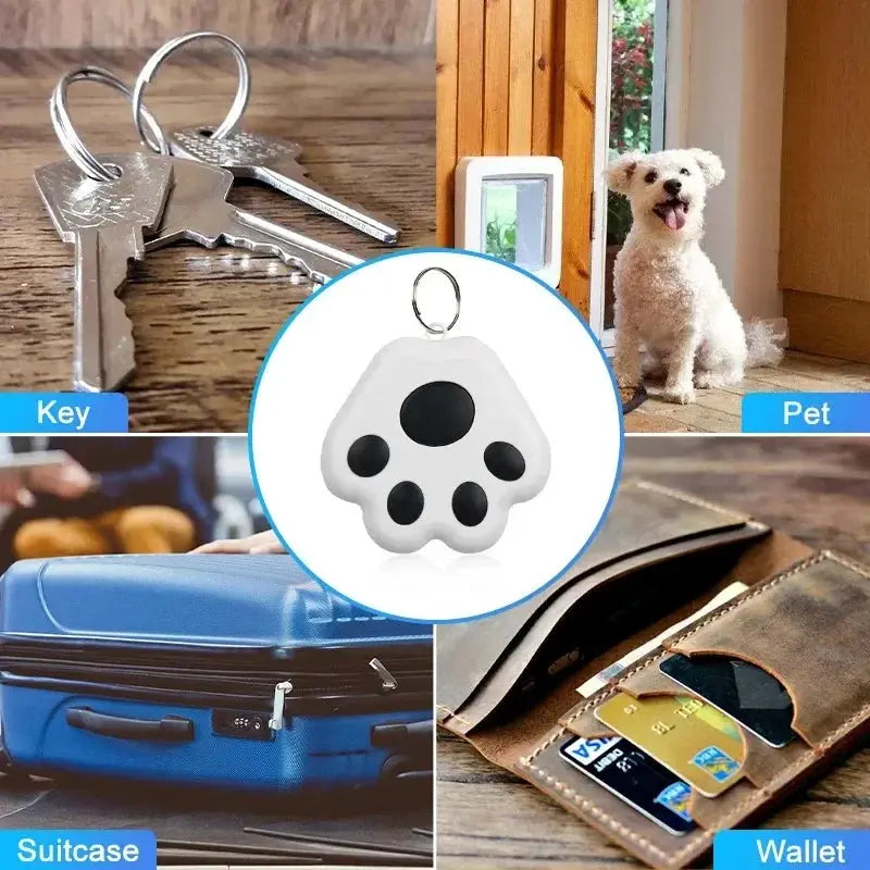 Mini paw-shaped pet GPS tracker by Simples Market; shown with keys, wallet, suitcase, and a dog.
