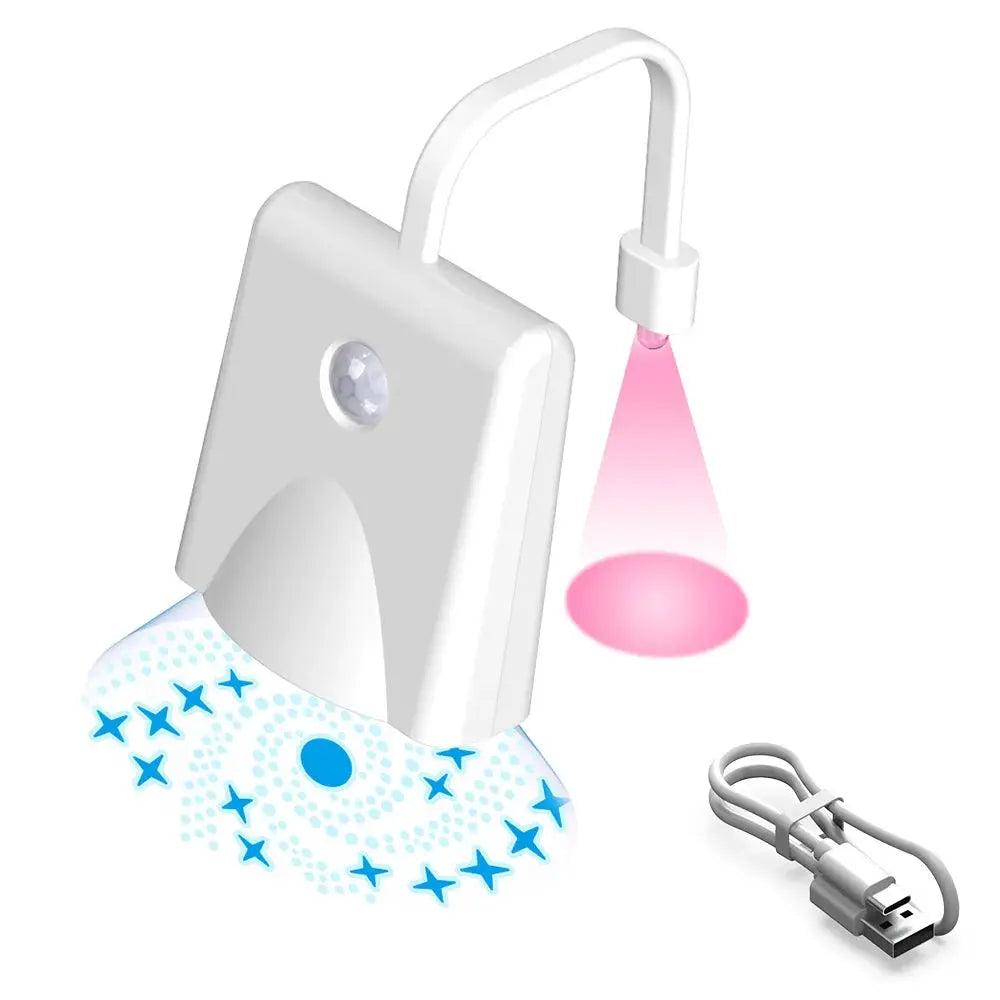 Toilet night light Simples Market; white USB-powered motion-sensing projector lamp with colorful light projection.