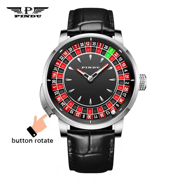 PINDU mechanical wristwatch with roulette-style red and black bezel, black dial, silver case and black leather strap.
