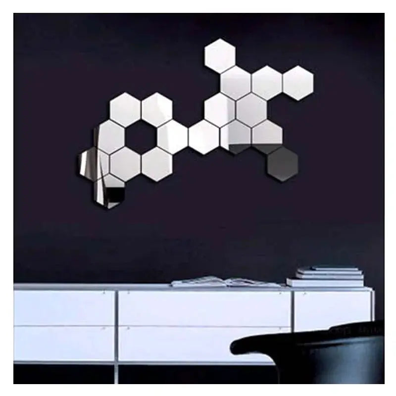 12 Piece Set Geometric Solid Hexagonal Mirror Wall Stickers With Built In Adhesive And Removable For Home Decor