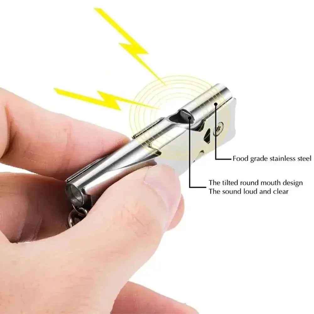 Double pipe whistle pendant keychain in stainless steel, compact outdoor survival tool with high decibel sound