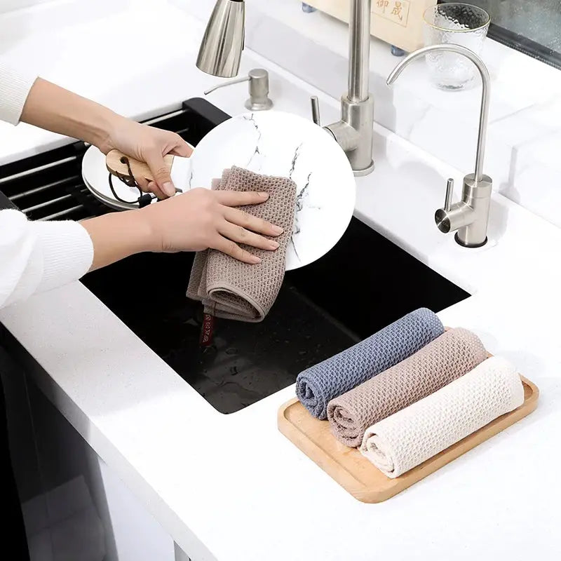 Simples Market 100% cotton dishcloths; ultra-soft absorbent kitchen towels in blue-gray, beige and white set of 3