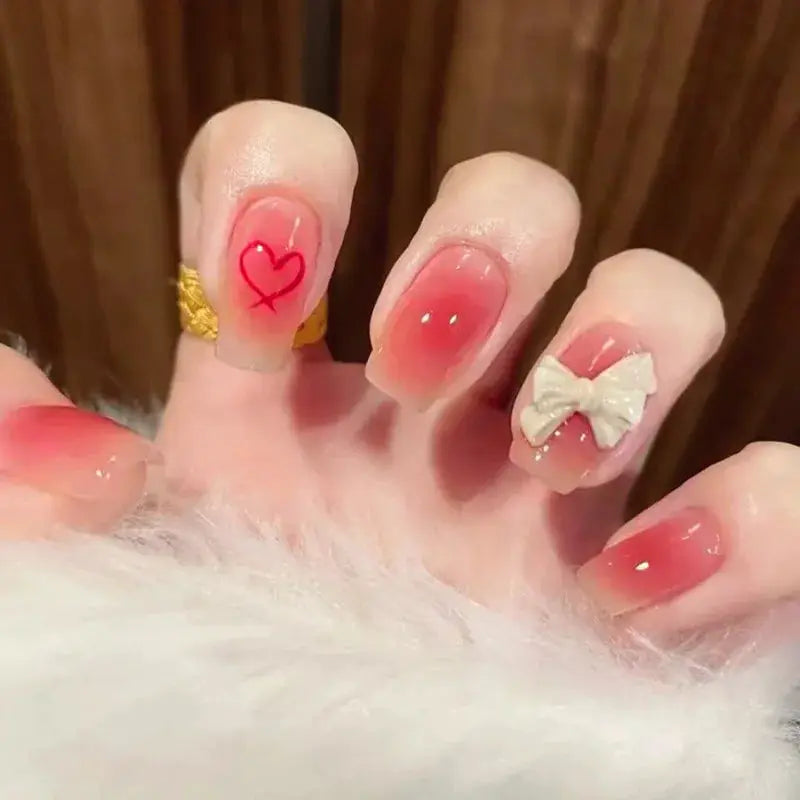 LuxeNail Blush Pink False Nails Bowknot Diamond Pearl Design Press On Nail Tips Harmless Smooth Edge Safe DIY Mani