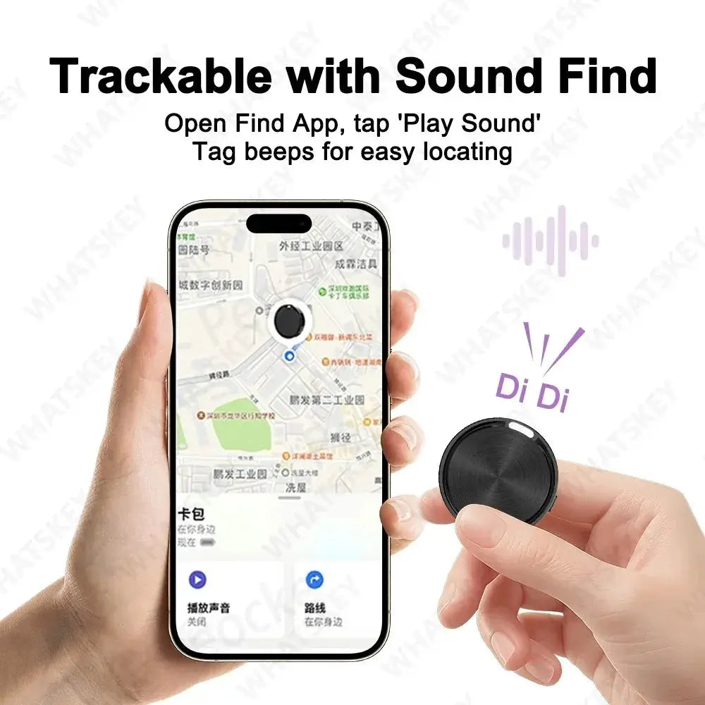 Simples Market Tag Bluetooth tracker keychain with black circular device beside smartphone map, two items