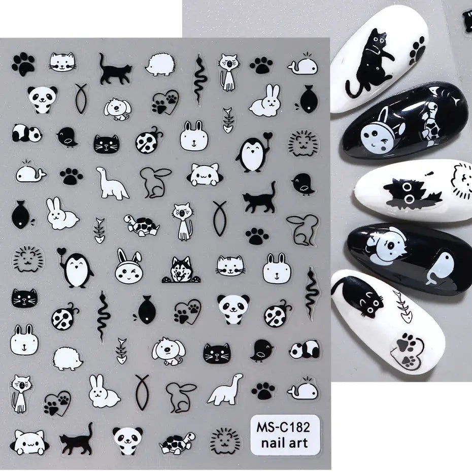 2pcs Simples Market nail sticker sheet with black cat and assorted 3D animal decals for manicure