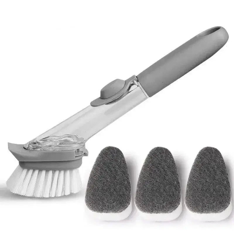 Simples Market refillable liquid cleaning brush with long grey handle and dispenser, includes 3 sponge heads.
