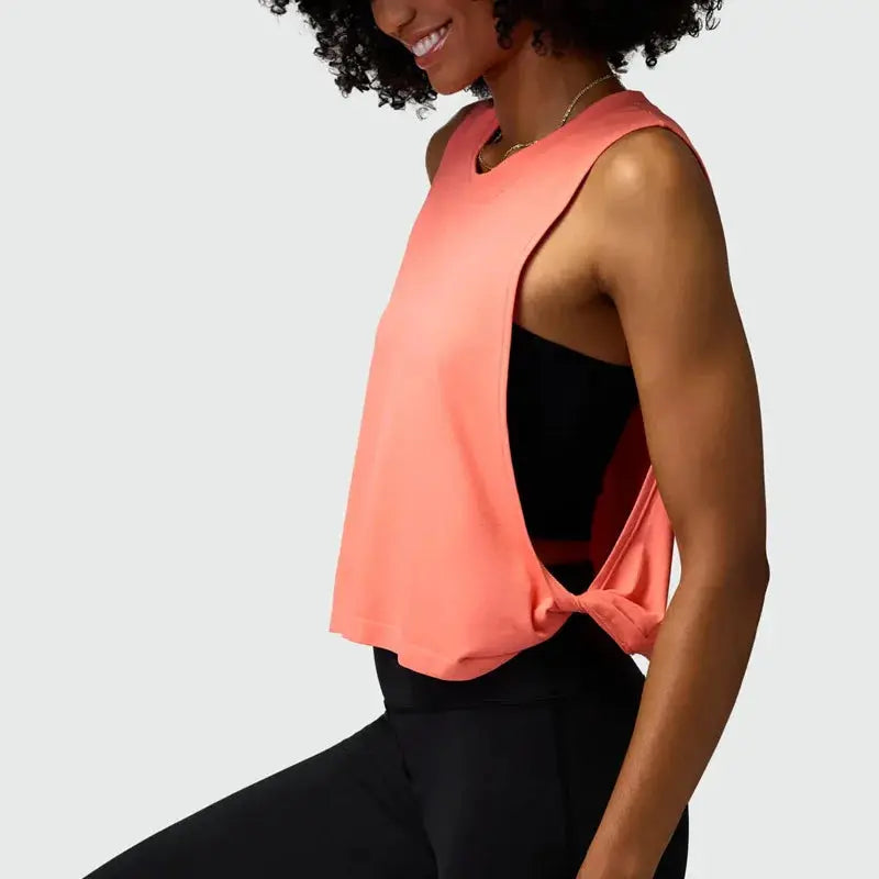 Simples Market women's coral pink sleeveless running vest crop top with side knot, breathable yoga gym tank