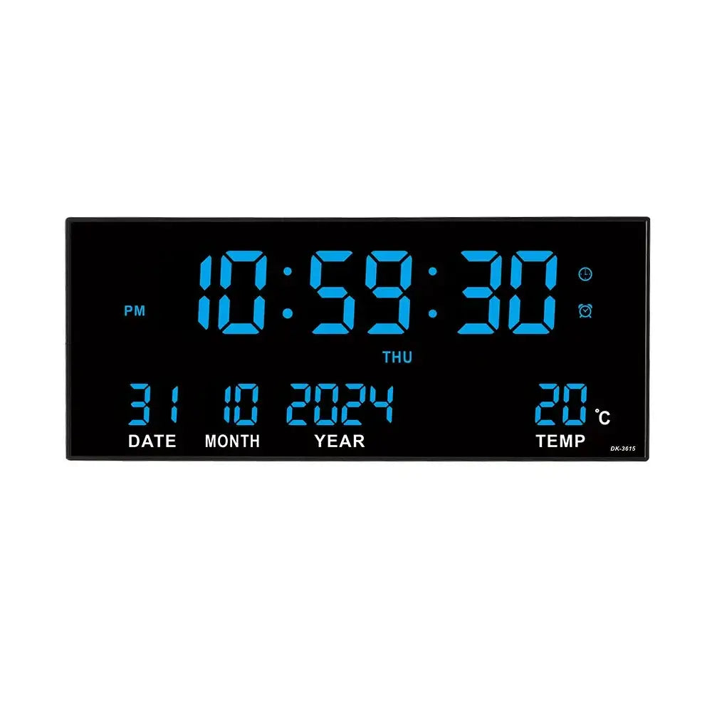 Digital large wall clock with blue LED display showing time, date, calendar and temperature