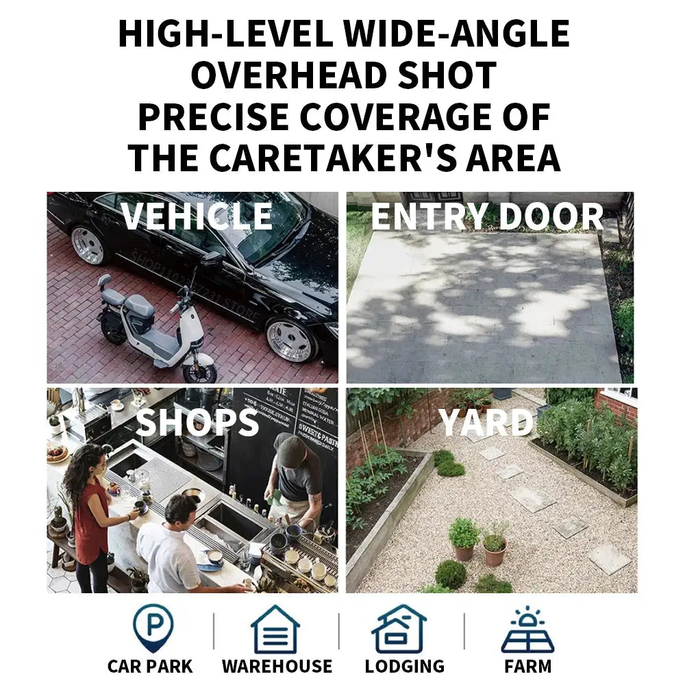 Xiaomi Mijia Outdoor Camera AW300 2K coverage map showing vehicle, entry door, shops and yard