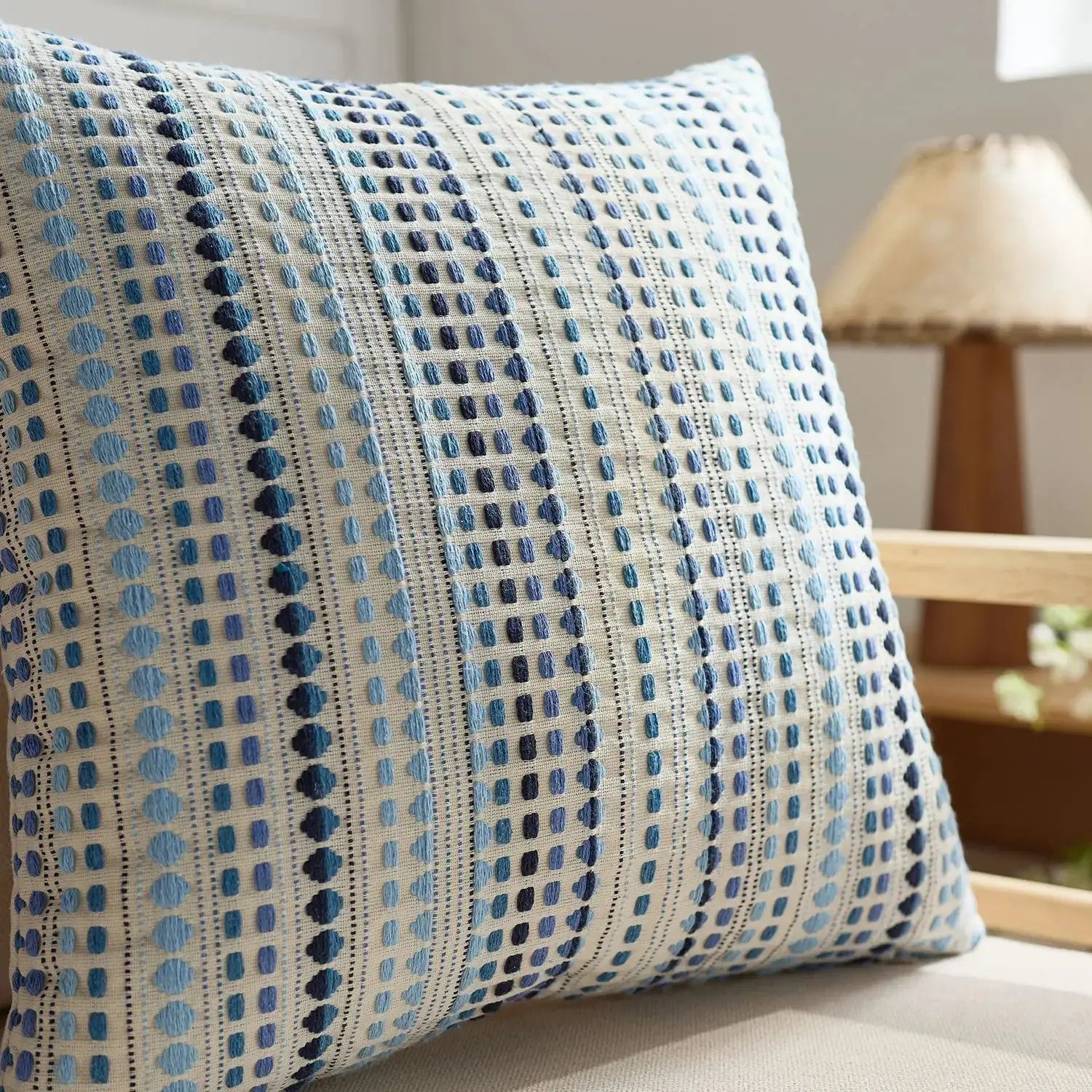 Boho Dots Jacquard cushion cover 45x45cm with zipper closure; blue dotted stripes on ivory background.