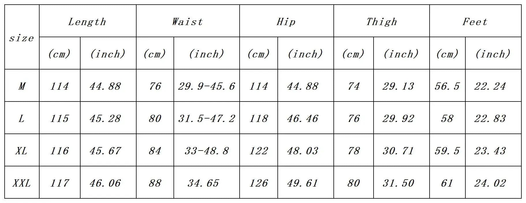 Simples Market CUT-UP double-layer patchwork baggy jeans size chart: M–XXL with length, waist, hip, thigh.