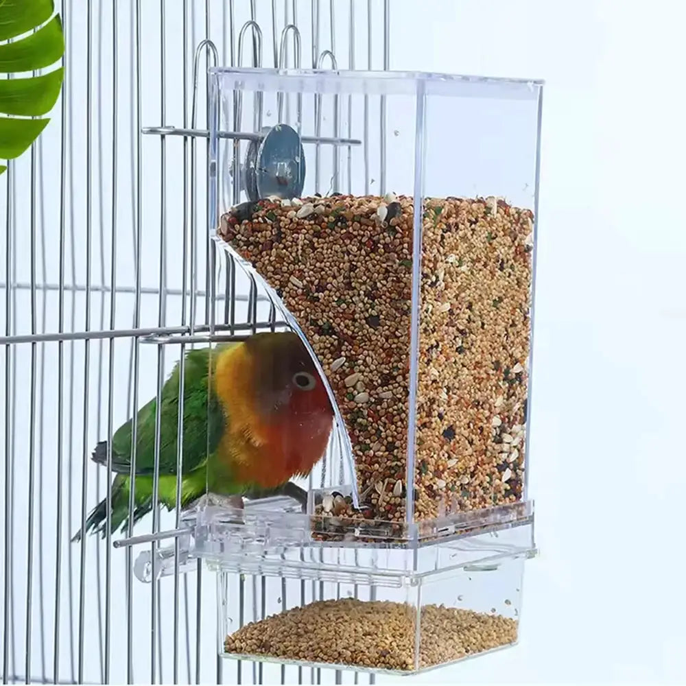 Parrot feeder by Simples Market, anti-spill transparent bird food box