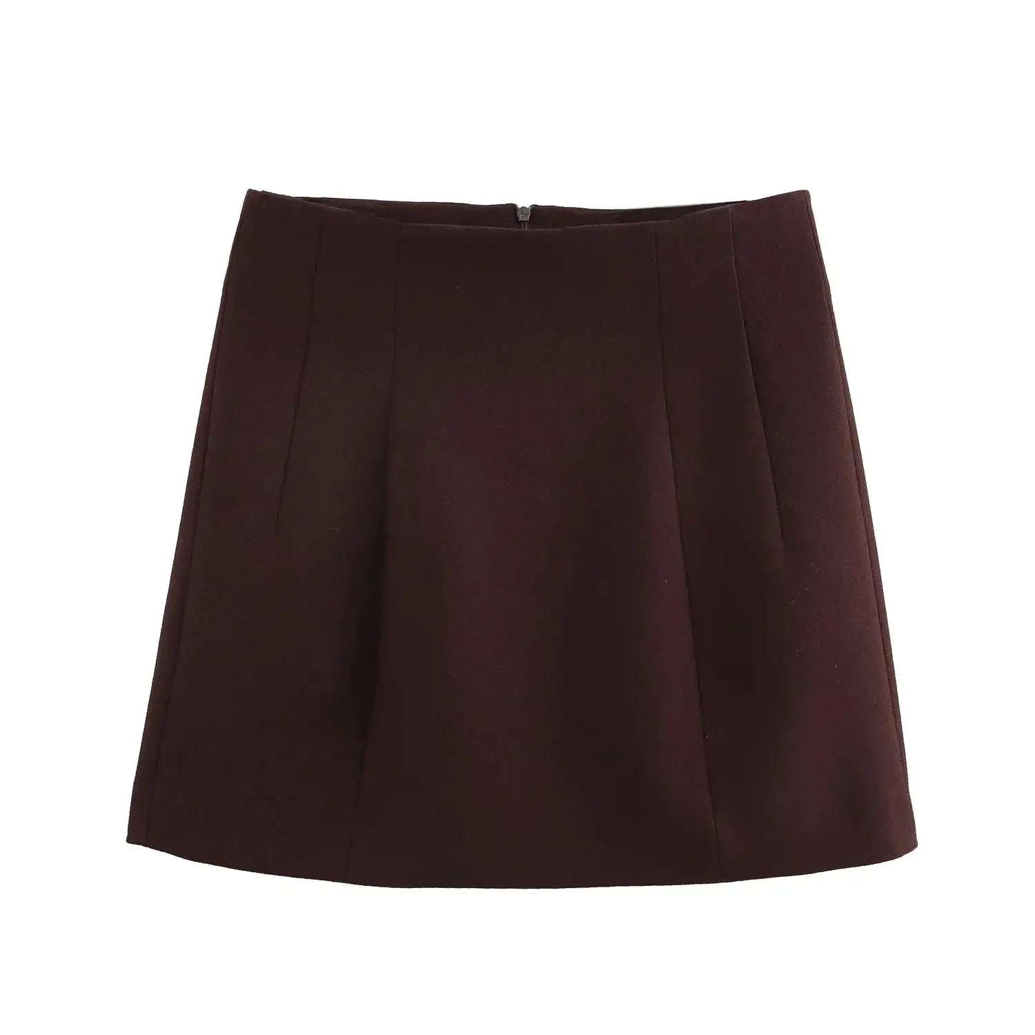 Skirt, burgundy A-line mini with back zipper and vertical panel seams