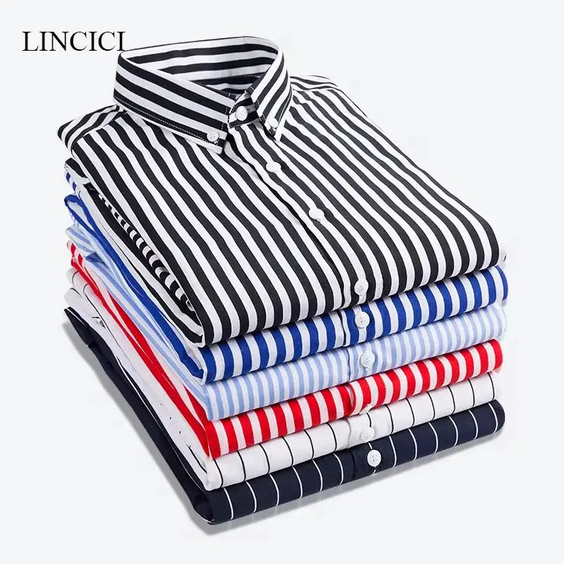 LINCICI men's striped long-sleeve shirts in assorted colors, M-5XL, button-down collars, stacked bundle