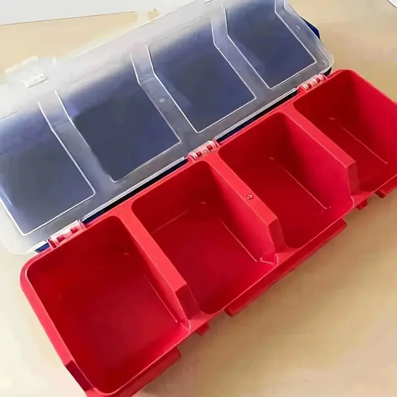 Multi-compartment organizer box for screws and small parts; durable red plastic trays with a clear lid