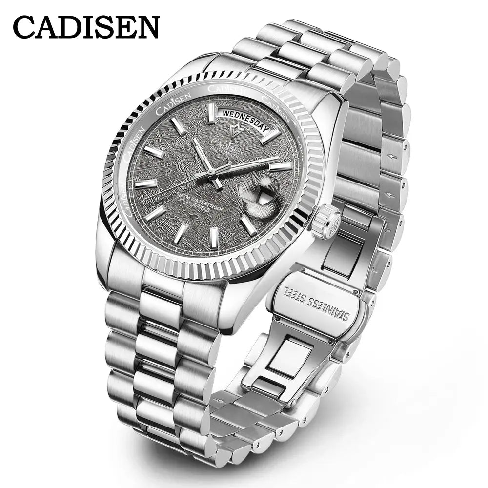 Cadisen DD40 stainless steel automatic wristwatch with fluted bezel and day-date display